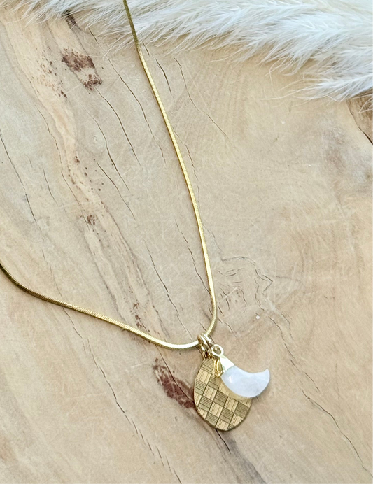 Moonstone + Gold Checkered Pendant Necklace