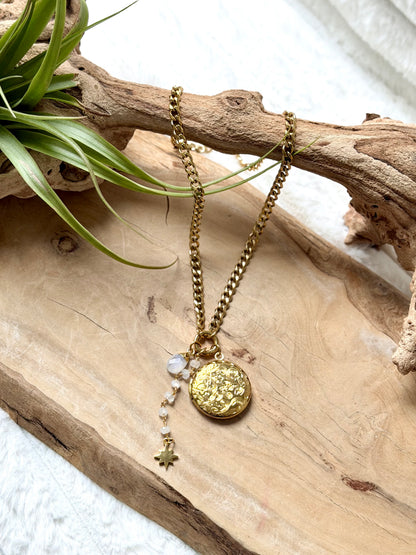Moonstone + Gold Stainless Steel Locket, Carabiner Charm Necklace