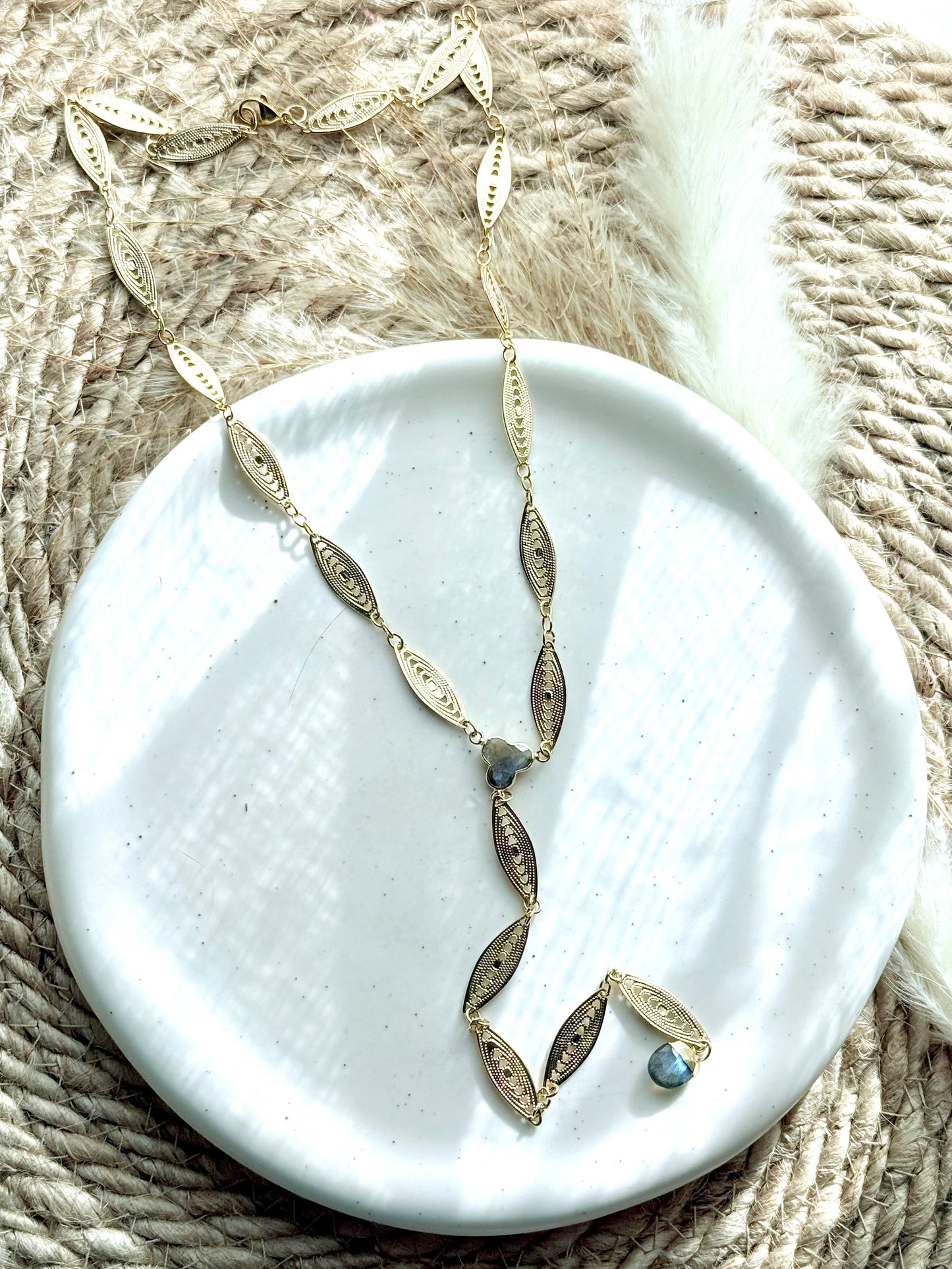 Labradorite Duet + Gold Filigree Lariat Necklace