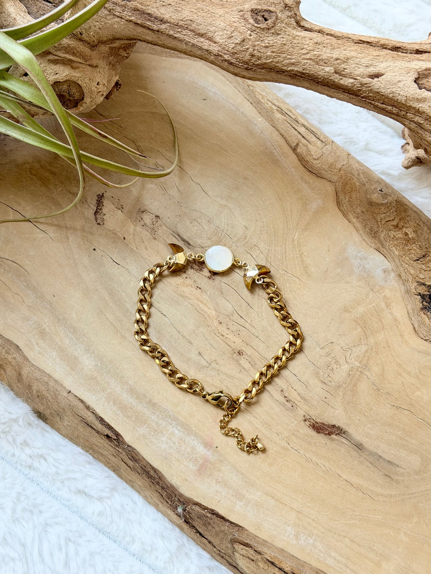Mother of Pearl + Tiger Eye Gold Moon Bracelet