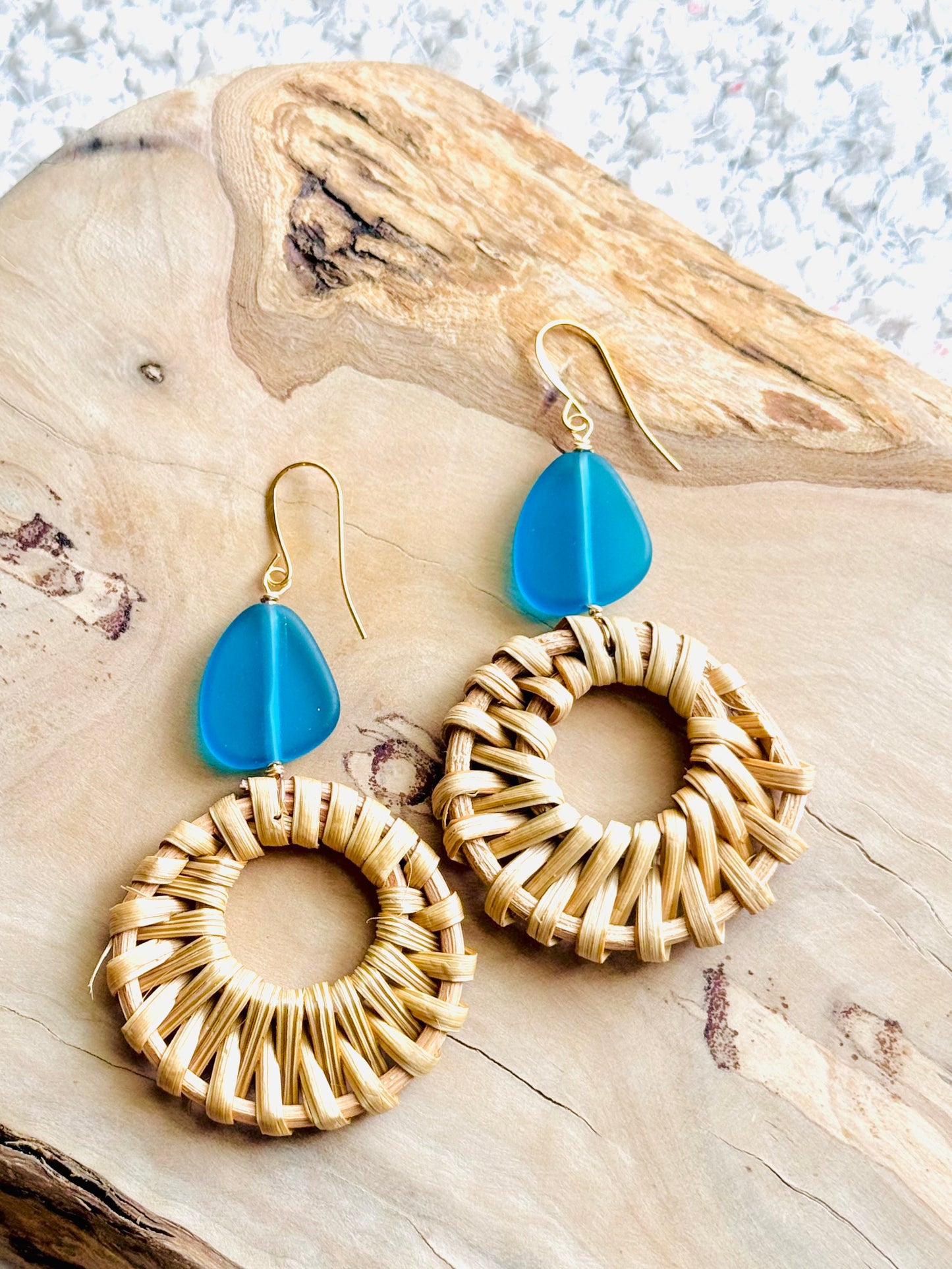 Blue Sea Glass + Gold Rattan Earrings