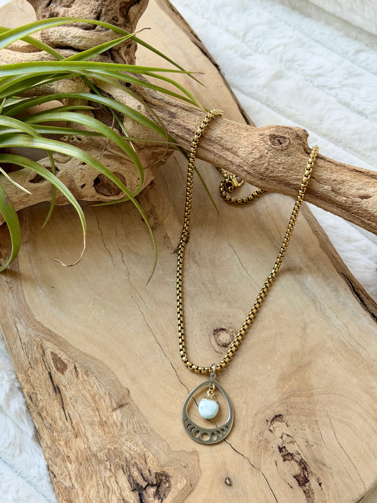 Larimar + Mixed Metal Moon Phases Necklace