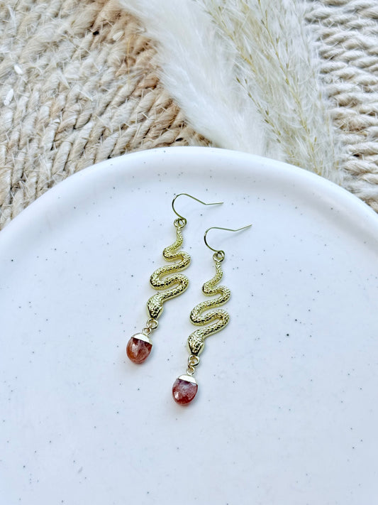 Sunstone + Gold Snake Earrings