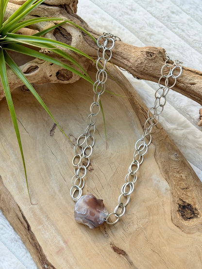 Botswana Agate + Antique Silver Double Chain Necklace