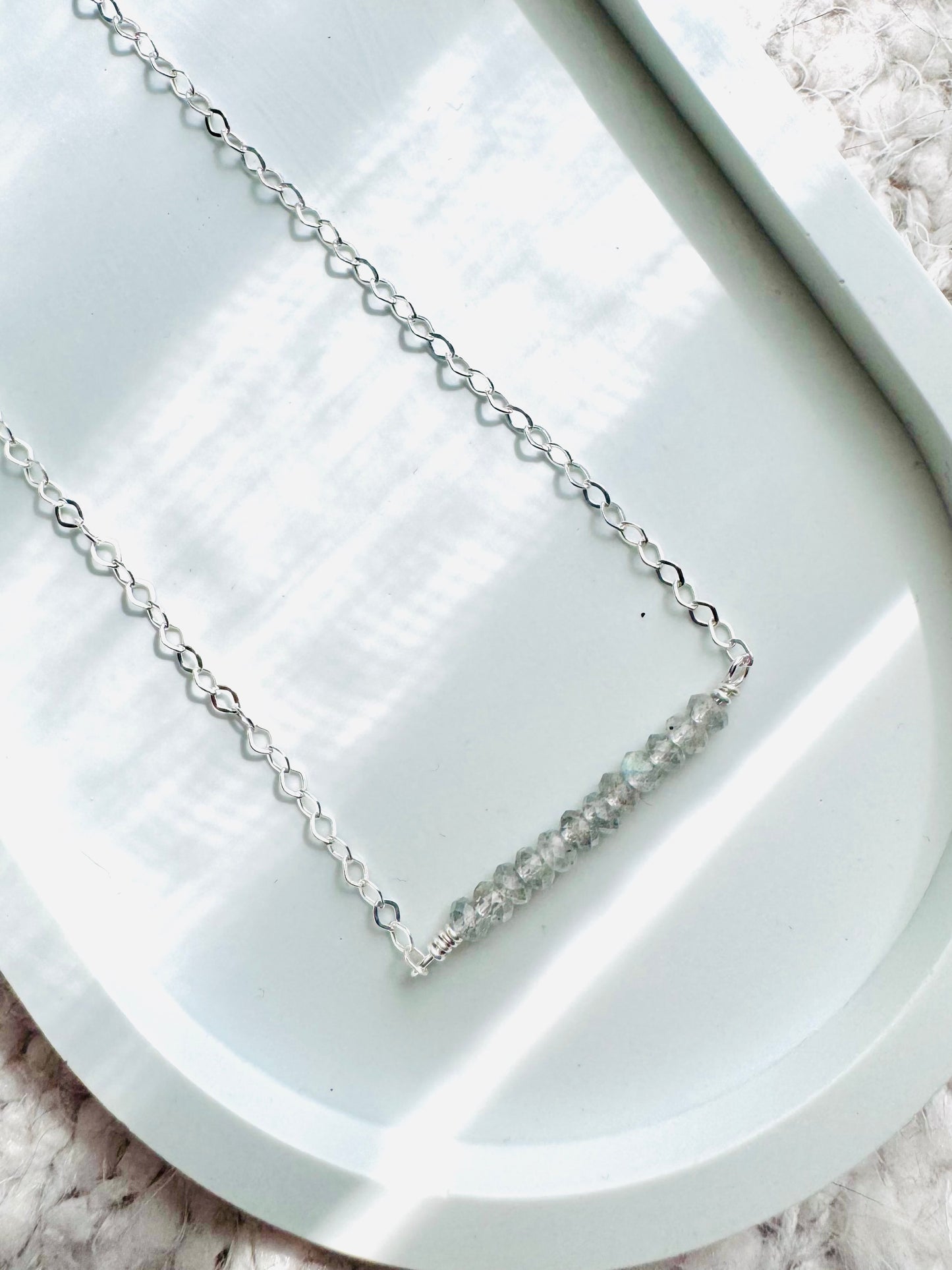 Labradorite + Silver Chain Mini Bar Necklace