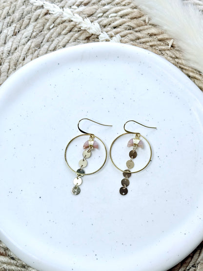 Pink Opal Moons + Gold Sequin Circle Earrings