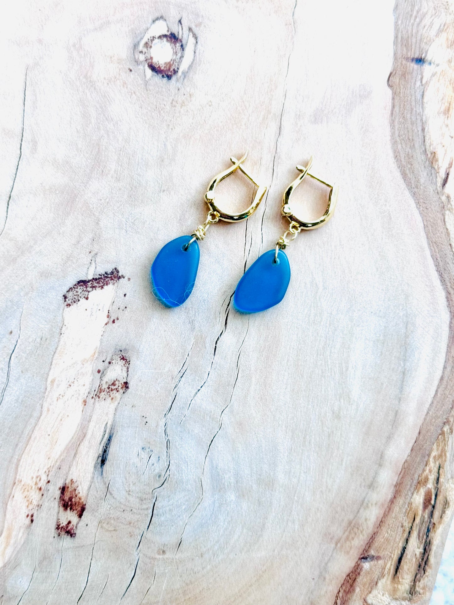 Ocean Blue Sea Glass + Gold Huggie Earrings