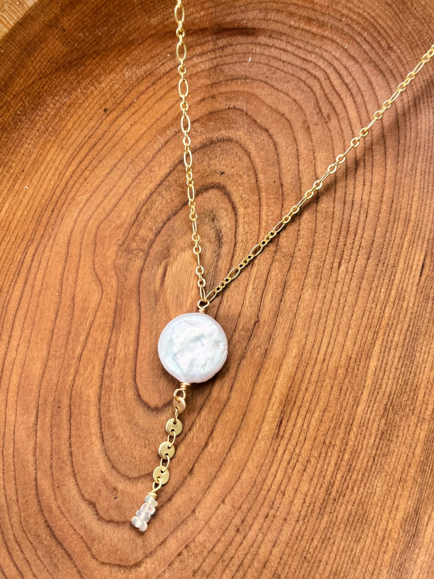 Freshwater Pearl + Matte Gold Mini Lariat Necklace
