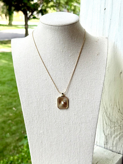 Opal + Gold Rectangle Pendant Necklace