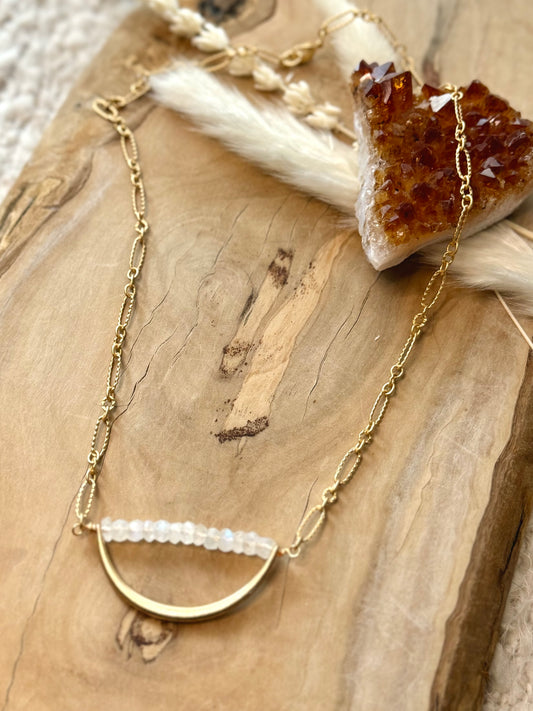 Rainbow Moonstone + Matte Gold Horseshoe Necklace