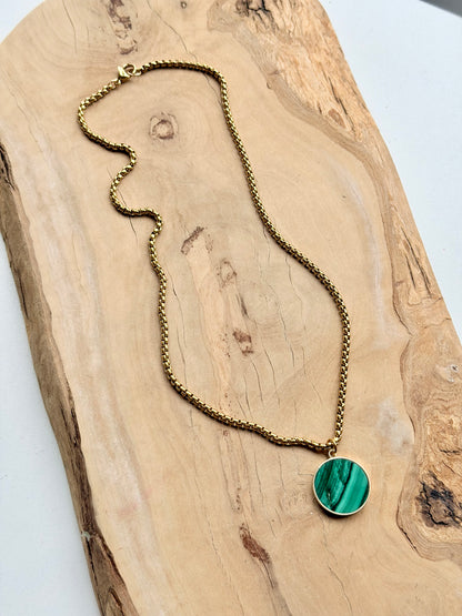 Malachite + Gold Circle Pendant Necklace