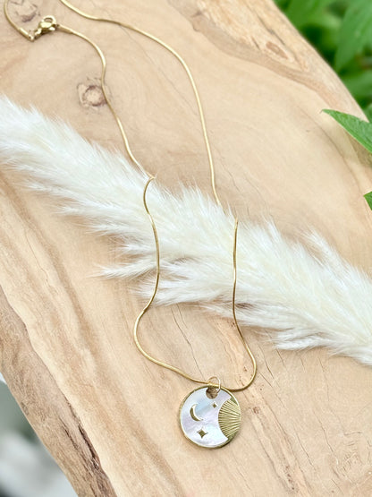 Mother of Pearl + Gold Stainless Steel Moon Pendant Necklace