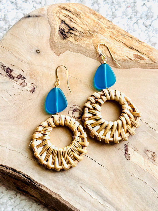 Blue Sea Glass + Gold Rattan Earrings