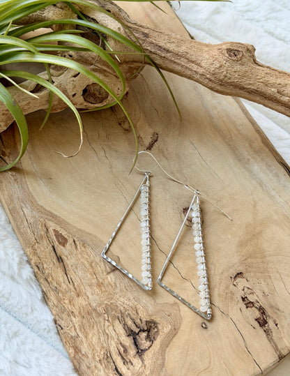 White Moonstone + Silver Large Triangle Earrings