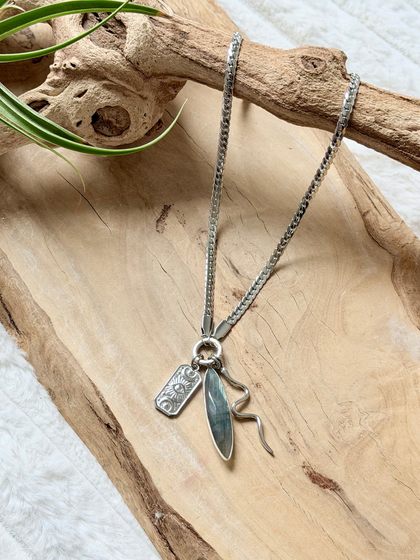 Labradorite + Silver Carabiner Herringbone Necklace