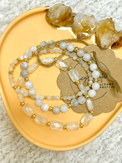 White Moonstone, Agate + Calcite in Gold (3-stack)