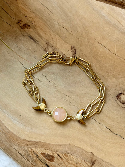 Rose Quartz + Tiger Eye Gold Moon Bracelet