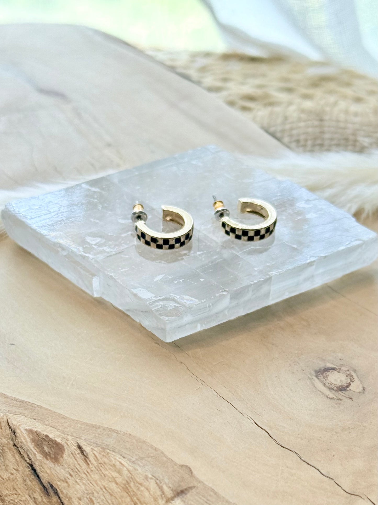 Black + Gold Checkered Mini Hoop Earrings