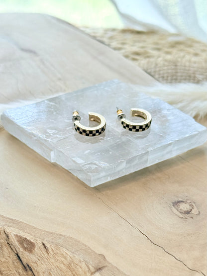 Black + Gold Checkered Mini Hoop Earrings