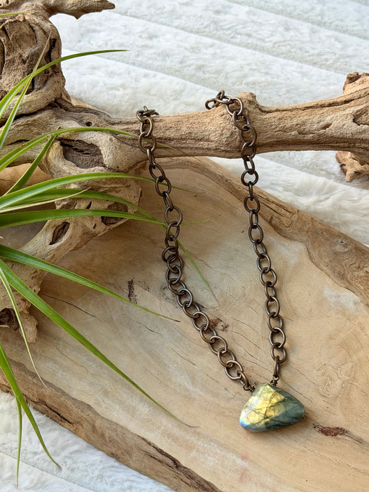 Labradorite Triangle Pendant + Antique Brass Necklace