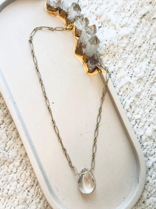 Clear Quartz + Matte Gold Pendant Necklace