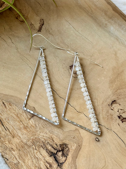White Moonstone + Silver Large Triangle Earrings
