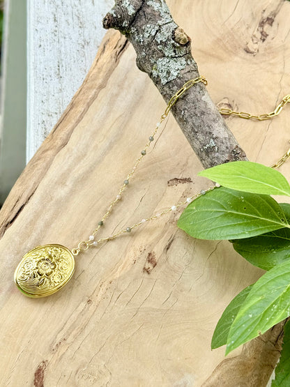 Mixed Moonstone + Matte Gold Locket Necklace