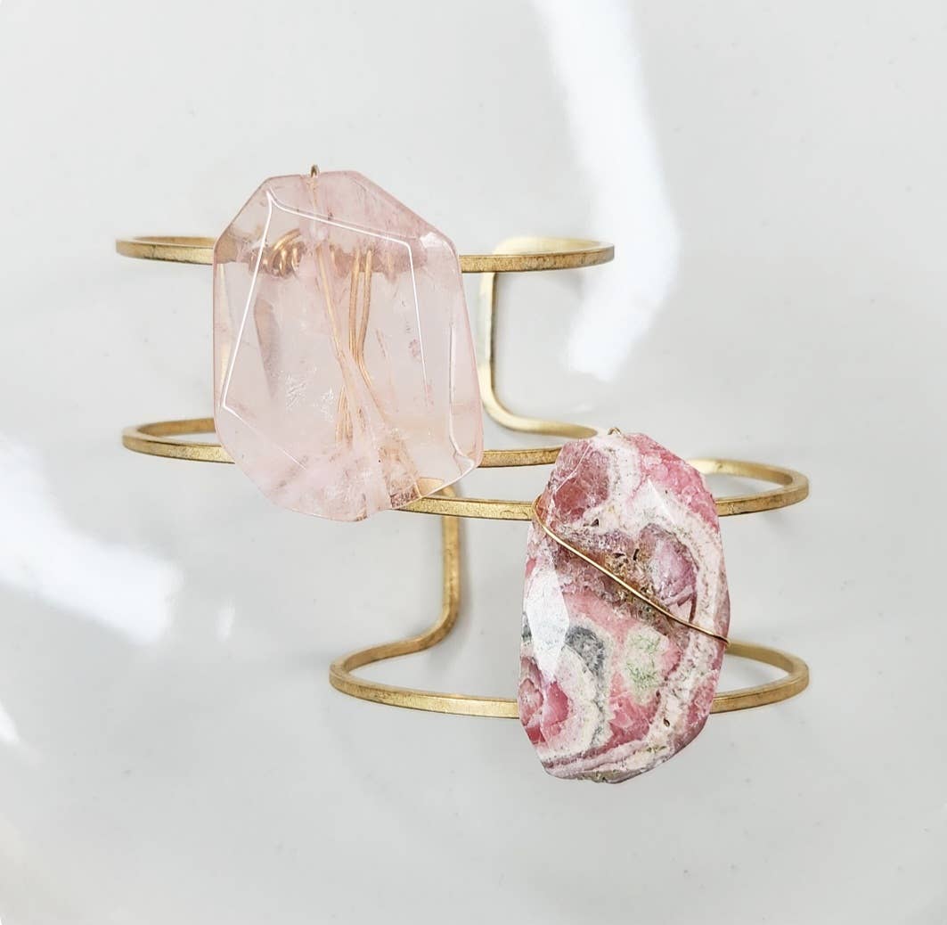 Madagascar Rose Quartz, Rhodochrosite & Brass Cuff Bracelets