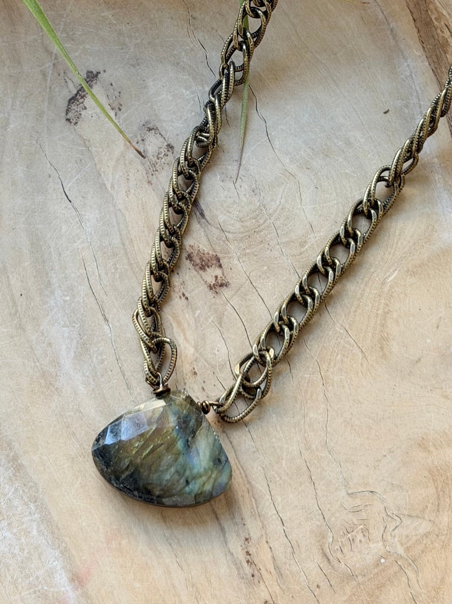 Labradorite Triangle Pendant + Antique Brass Necklace