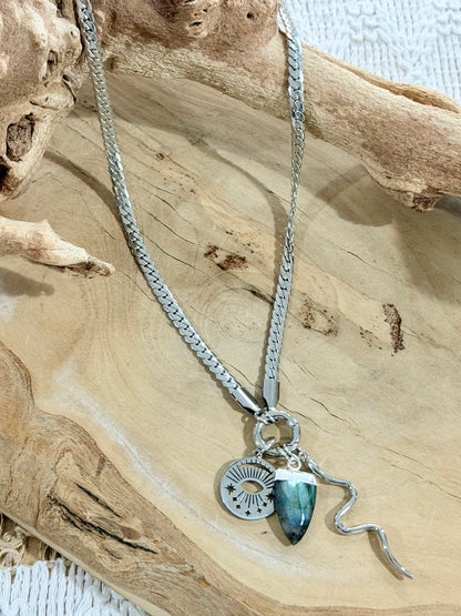 Labradorite + Silver Carabiner Charm Necklace