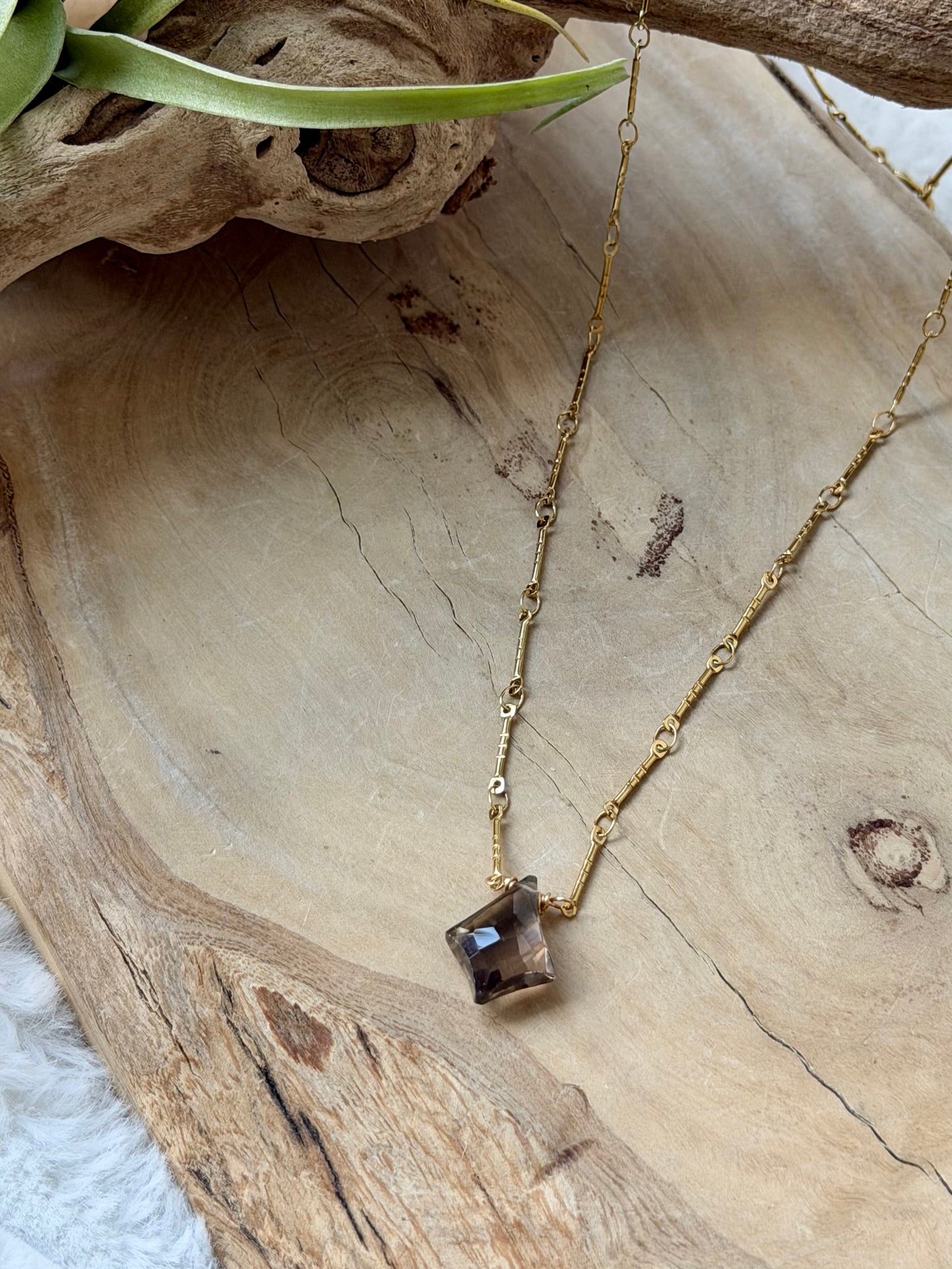 Smoky Quartz + Gold Stainless Steel Necklace