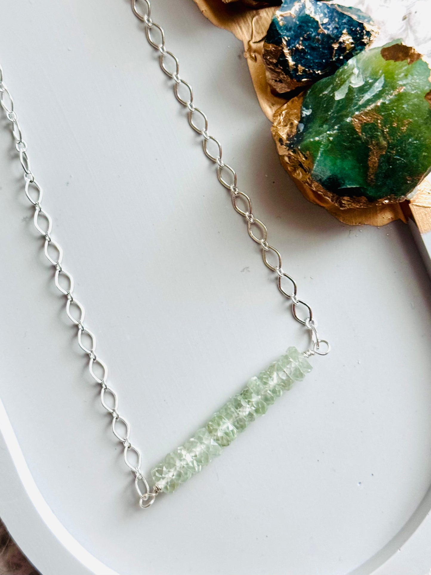 Green Amethyst + Silver Chain Bar Necklace