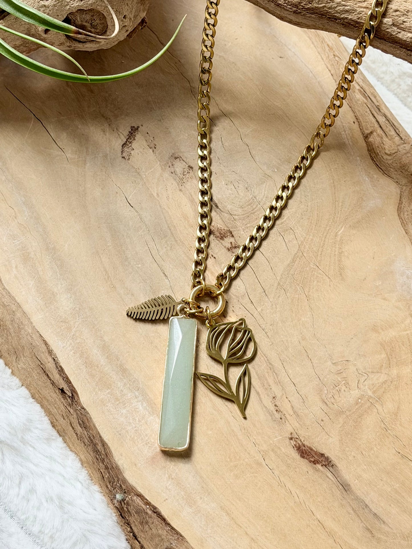 Green Aventurine + Gold Carabiner Necklace