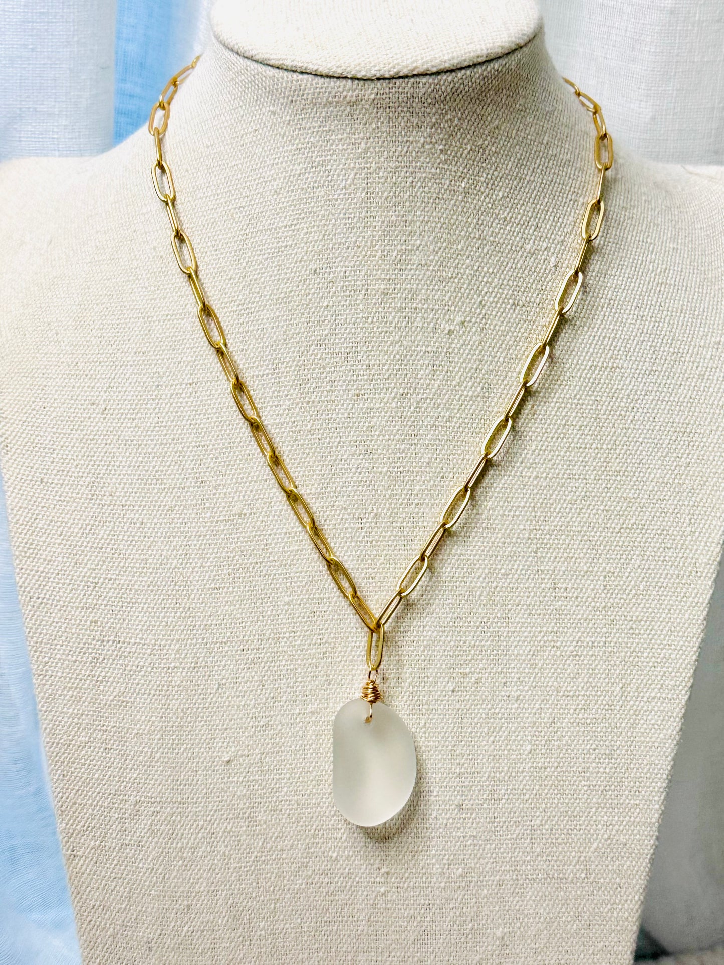 Frosted Sea Glass + Matte Gold Paperclip Necklace