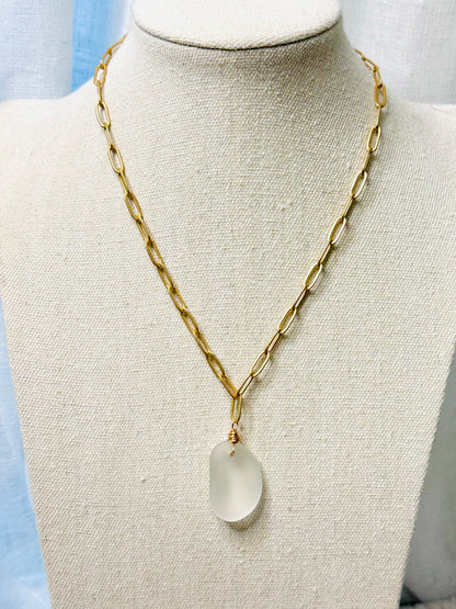 Frosted Sea Glass + Matte Gold Paperclip Necklace