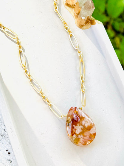 Cherry Blossom Agate + Matte Gold Pendant Necklace