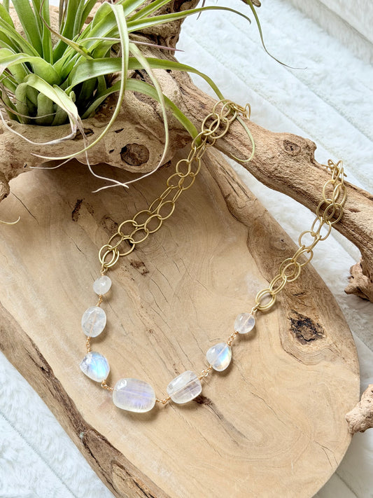 Rainbow Moonstone + Matte Gold Necklace