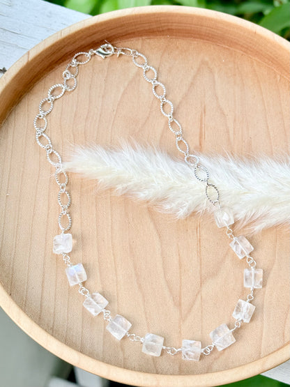 Rainbow Moonstone + Silver Square Necklace