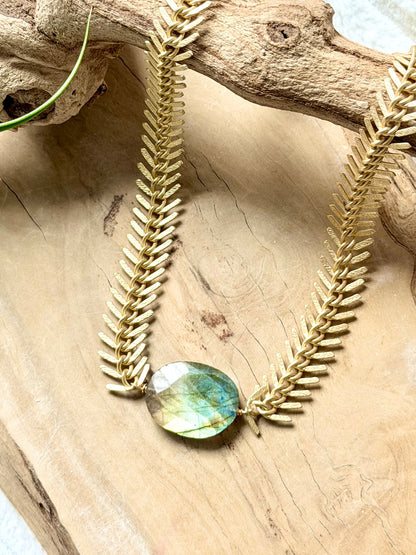 Rainbow Labradorite + Matte Gold Half-Moon Chain Necklace