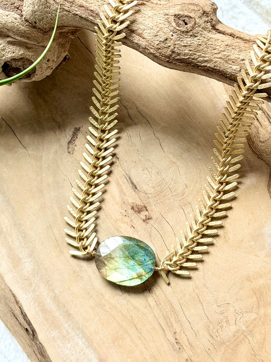 Rainbow Labradorite + Matte Gold Half-Moon Chain Necklace