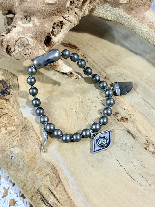 Gray Moonstone + Matte Gunmetal Ball Chain Bracelet