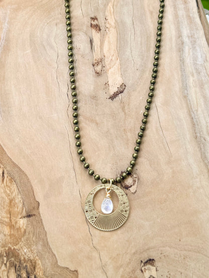 Rainbow Moonstone + Antique Brass Circle Necklace