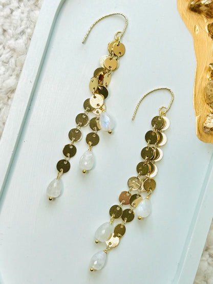 Rainbow Moonstone + Gold Sequin Waterfall Earrings