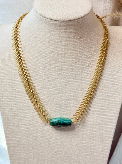 Malachite + Matte Gold Fishbone Chain Necklace