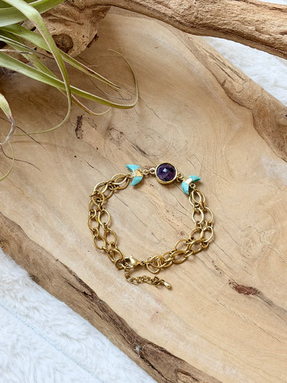Amethyst + Turquoise Gold Moon Bracelet
