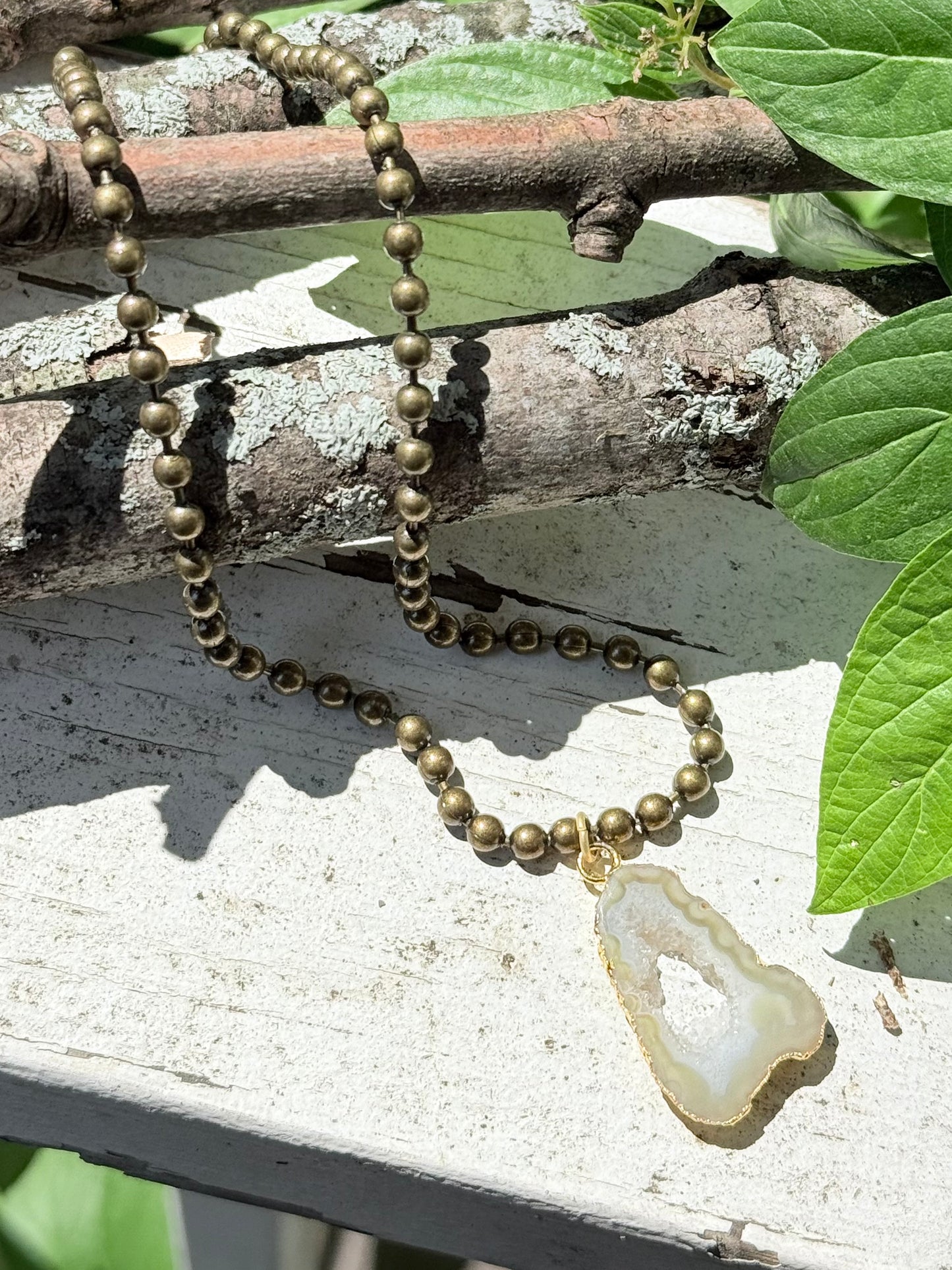 Agate Slice + Antique Brass Necklace