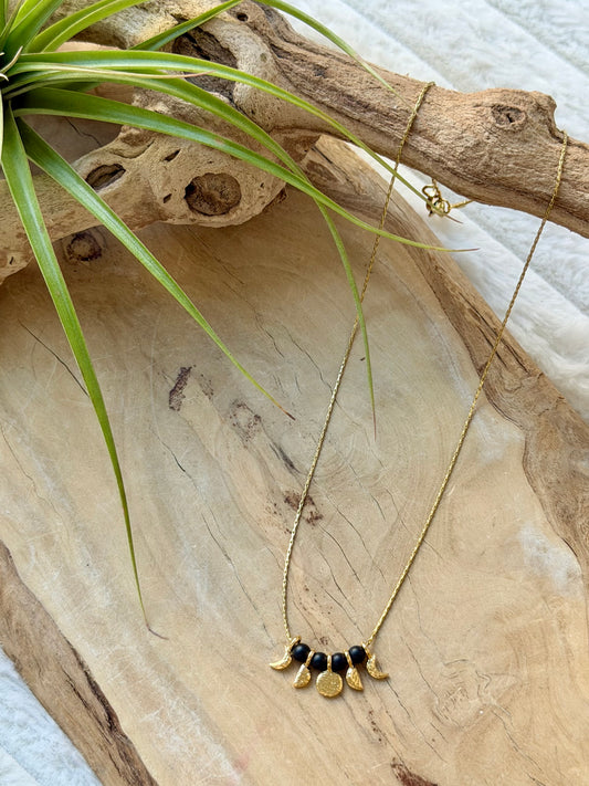 Matte Black Onyx + Gold Moon Phases Necklace
