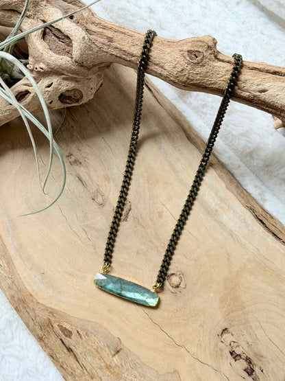Labradorite + Antique Brass Bar Necklace