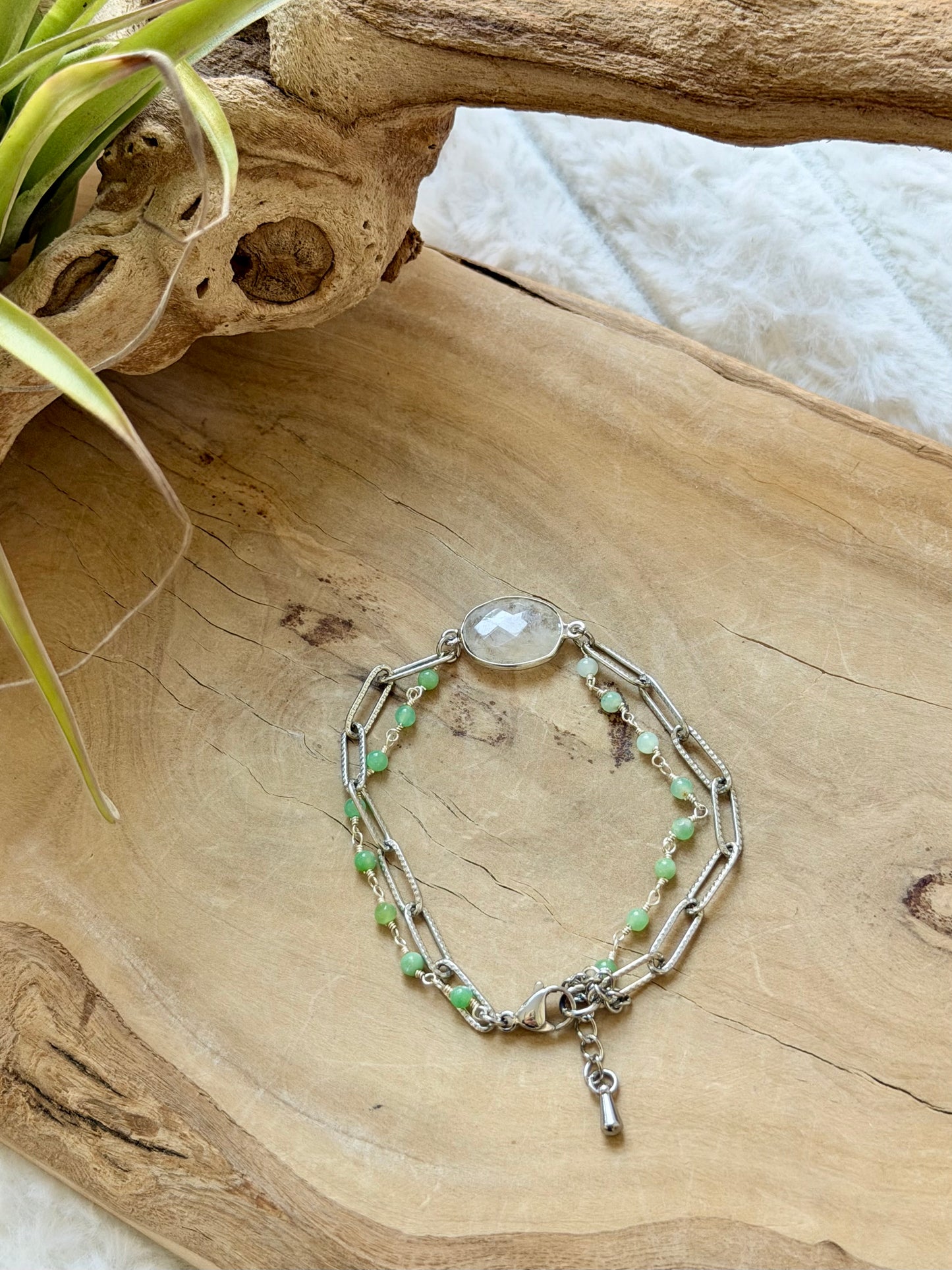 Rainbow Moonstone + Chrysoprase Duet Bracelet in Stainless Steel