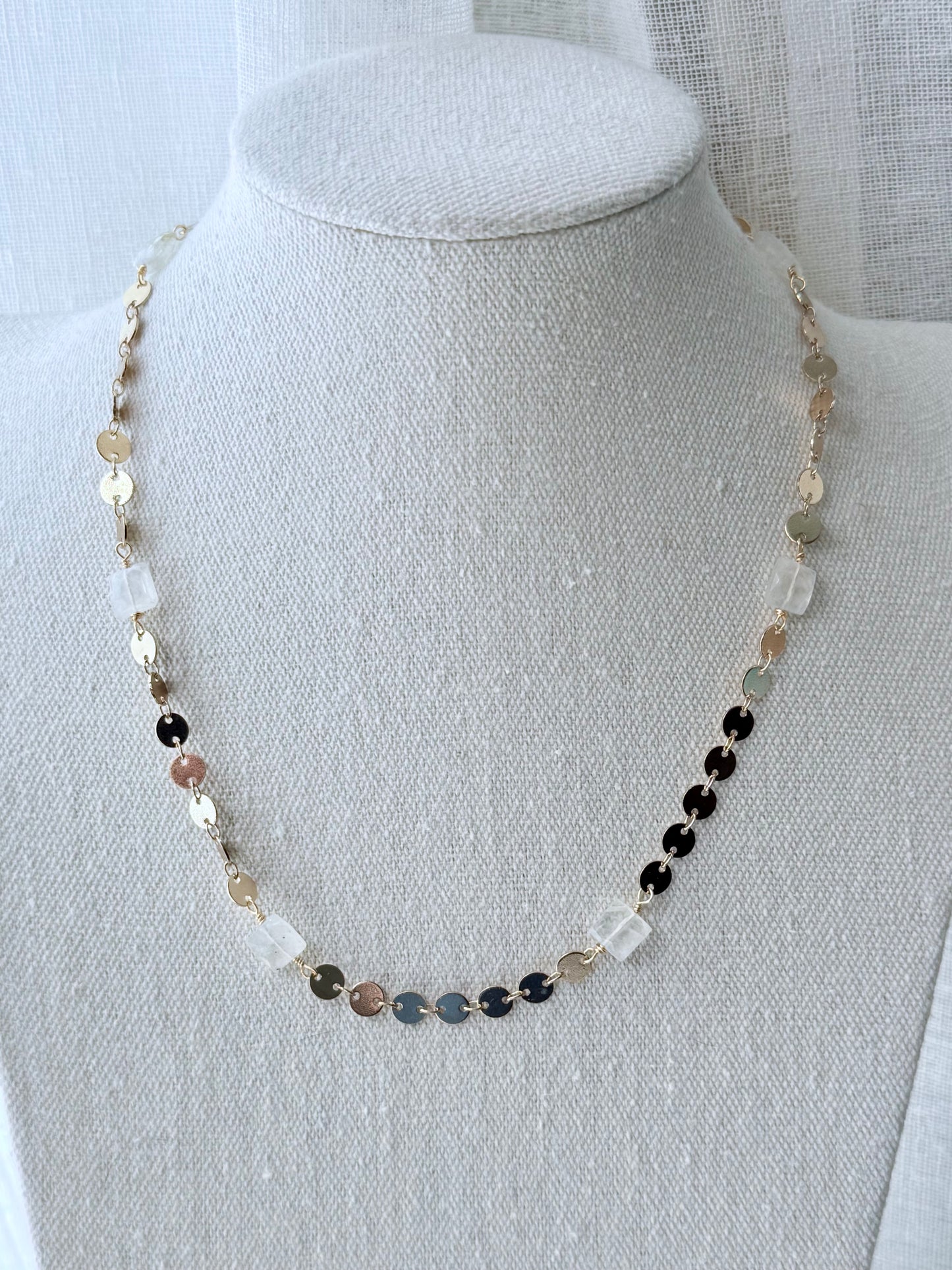 Rainbow Moonstone + Gold Sequin Chain Necklace